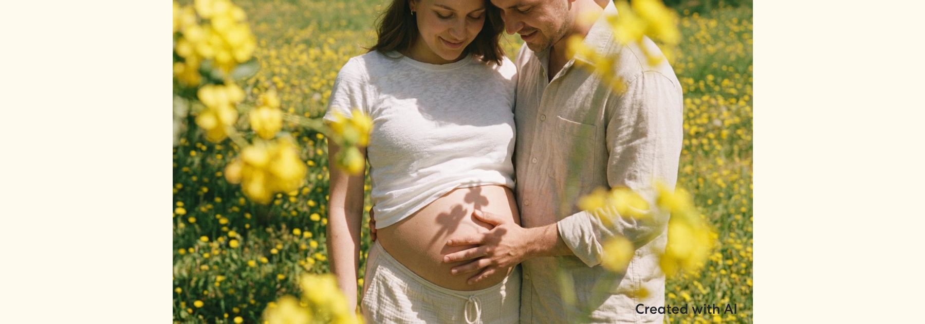 An expectant parent standing in a field of yellow flowers with another adult, both placing their hands on a pregnant belly. The outdoor scene is brightly lit with blooming flowers in the foreground and background.