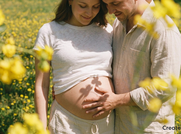 An expectant parent standing in a field of yellow flowers with another adult, both placing their hands on a pregnant belly. The outdoor scene is brightly lit with blooming flowers in the foreground and background.