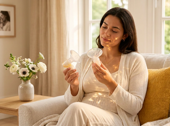 A parent comparing breast shield sizes at home to find the best fit for a comfortable pumping experience.