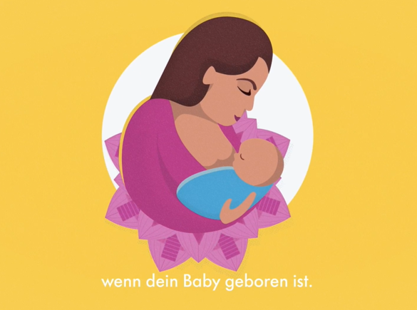 Eine Cartoon-Illustration einer Mutter, die ihr Baby betrachtet, während sie es im Arm hält. Die Bildunterschrift am unteren Rand lautet: „Wenn Ihr Baby geboren ist.“