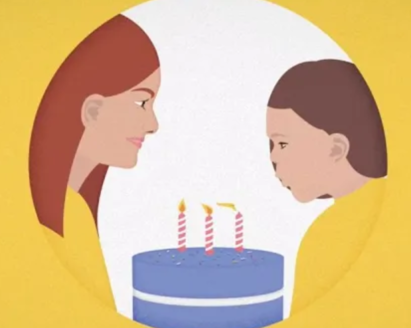 A cartoon of two people with a cake, and one of them is blowing out candles.