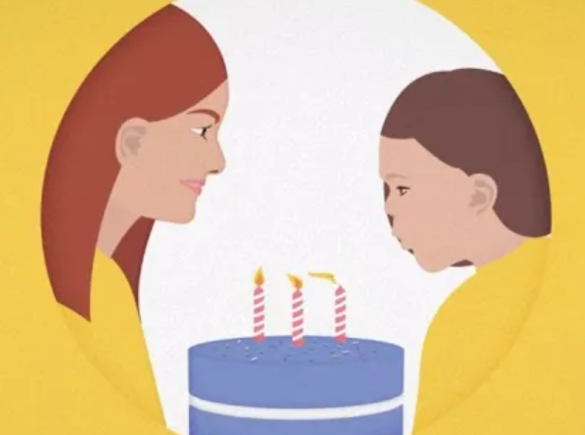 A cartoon of two people with a cake, and one of them is blowing out candles.
