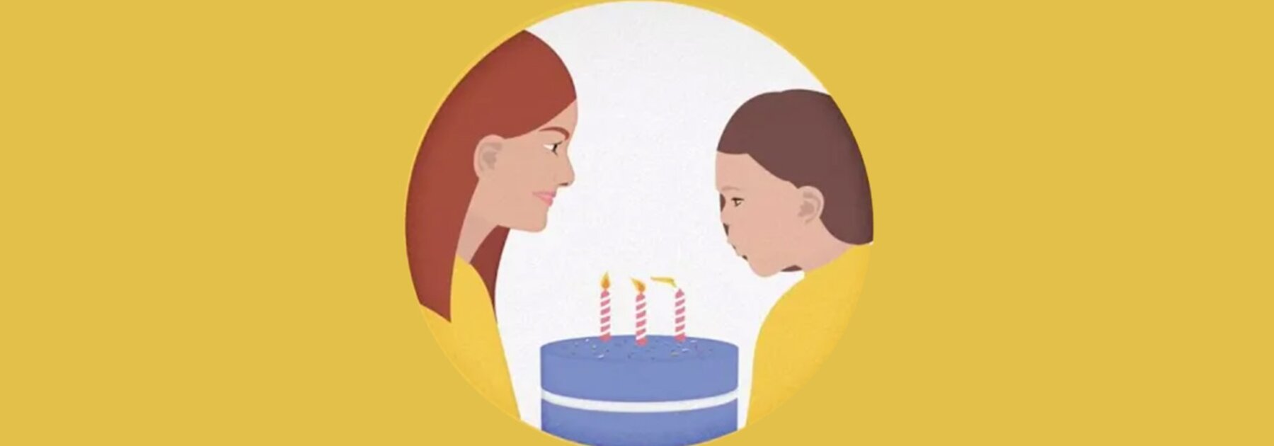 A cartoon of two people with a cake, and one of them is blowing out candles.