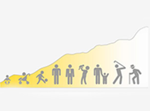 Icon showing lifestages of a human: infant, toddler, child, teen, adult, parent of baby, parent of toddler, retirement, elderly