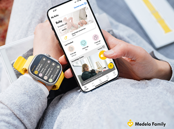 Medela Family App with a smart watch. The image contains the Medela logo.