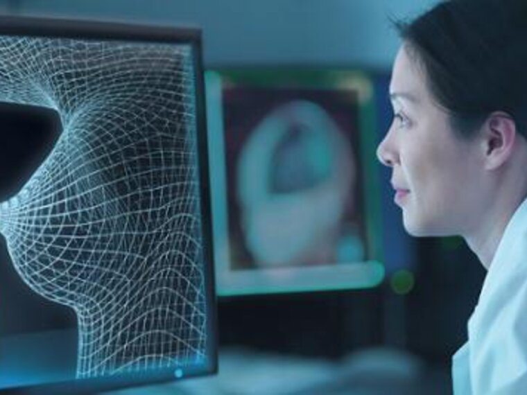 A woman sits at a computer doing research.
