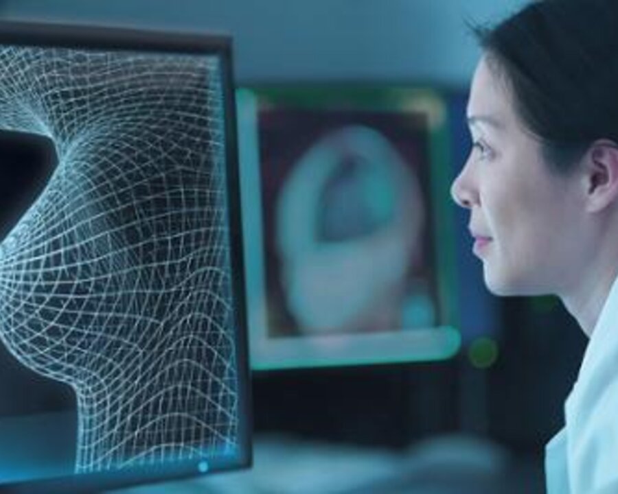 A woman sits at a computer doing research.