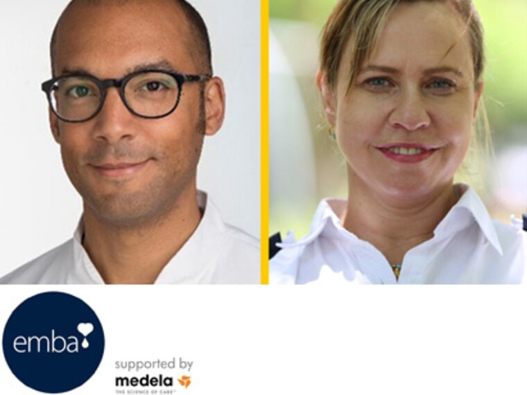 Photo of Dr. Daniel Klotz and Dr. Sharron Bransburg-Zabary, presenters for the Operational models of milk banking webinar. Photo includes a logo for EMBA, the European Milk Bank Association.