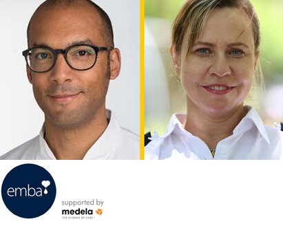 Photo of Dr. Daniel Klotz and Dr. Sharron Bransburg-Zabary, presenters for the Operational models of milk banking webinar. Photo includes a logo for EMBA, the European Milk Bank Association.