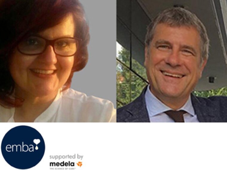 Dr. Sertac Arslanoglu and Professor David Lembo with "EMBA" logo and text, "Supported by Medela"