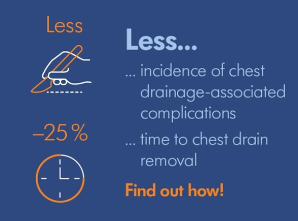 Dark blue background with text, "Less incidence of chest drainage-associated complications" and "25% less time to chest drain removal" and "Find out how!"