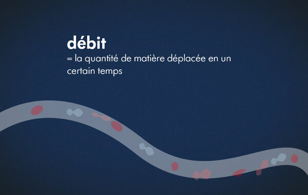 Extrait d'une vidéo de Medela, un fond bleu avec une illustration du débit (frow rate) = la quantité de matière déplacée en un certain temps.
