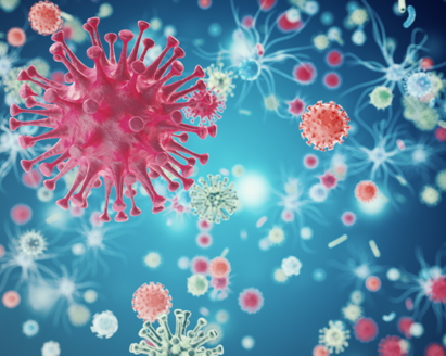 Ilustración en rosa, azul y blanco del virus corona.