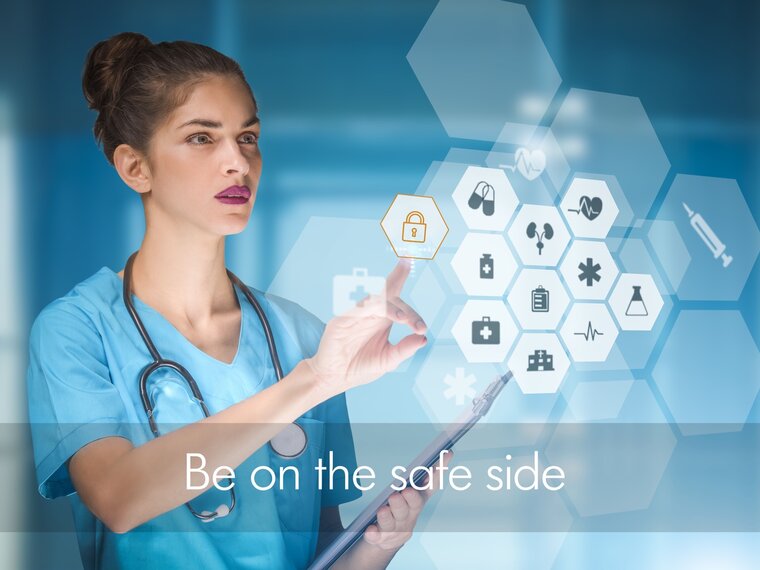 A female healthcare professional taps on symbols with the text “Be on the safe side”.