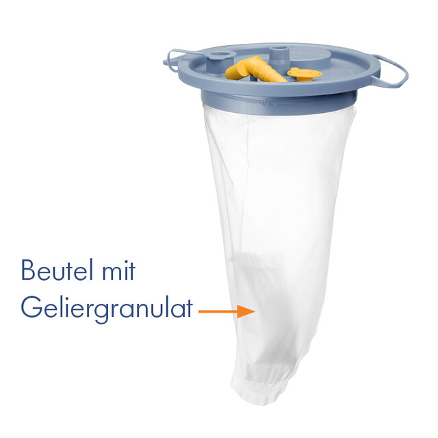 Ein 1500cc Saugschlauch mit Solidifier-Beutel im Inneren und einem Kanisterdeckel zur Verwendung mit dem Disposable Collection System (DCS). Pfeil auf und Text, „Solidifer bag“.