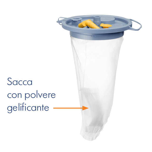 Sacchetto Medela PVS con polvere gelificante. Il testo italiano recita: “Sacca con polvere gelificante”.