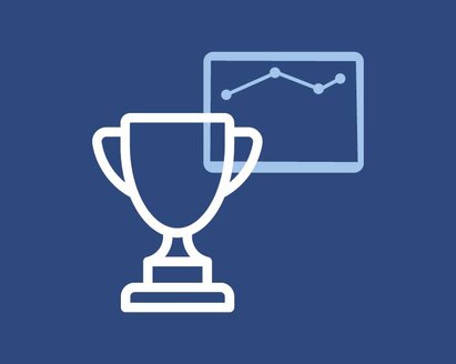 Icon-like image of trophy with a line chart behind it.