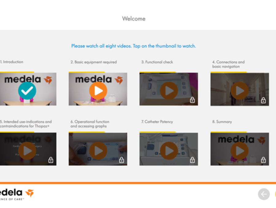 Image of a computer screen showing thumbnails of Medela Thopaz Plus Inservice Training Modules