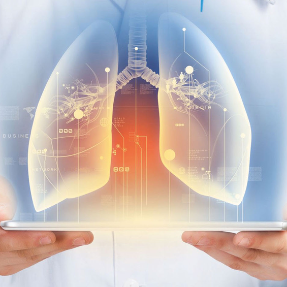 Eine grafische Darstellung der Lunge auf einem Tablet, das von einer medizinischen Fachkraft gehalten wird.