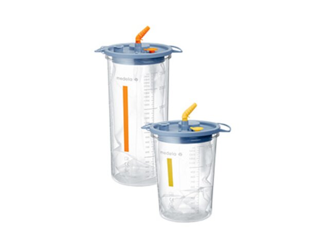 El tarro de succión Medela Disposable Collection System (DCS), amarillo para 1500cc y naranja para 2500cc, para usar con extractores quirúrgicos.