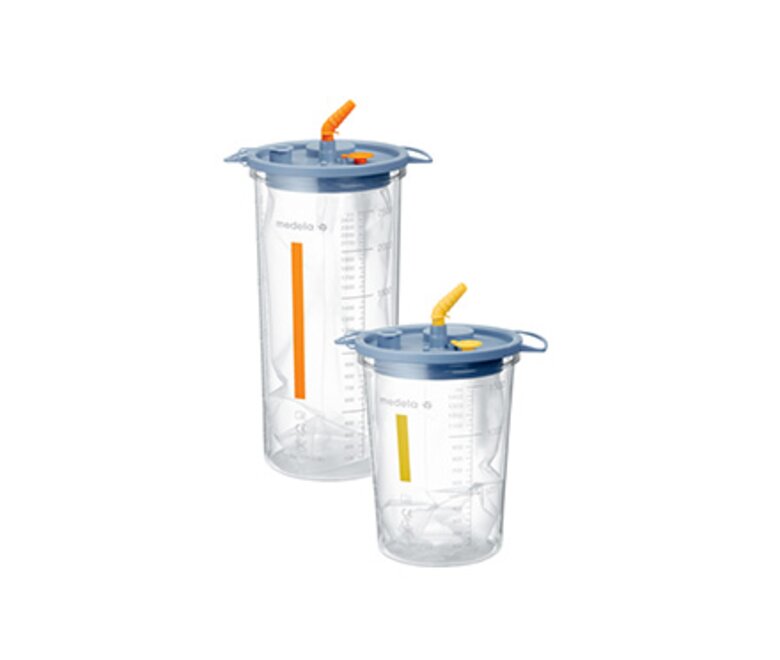 Das Medela Disposable Collection System (DCS) Sauggefäß, gelb für 1500cc und orange für 2500cc, zur Verwendung mit chirurgischen Pumpen.