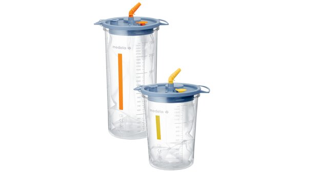 O frasco de sucção Medela Disposable Collection System (DCS), amarelo para 1500cc e laranja para 2500cc, para utilização com bombas cirúrgicas.