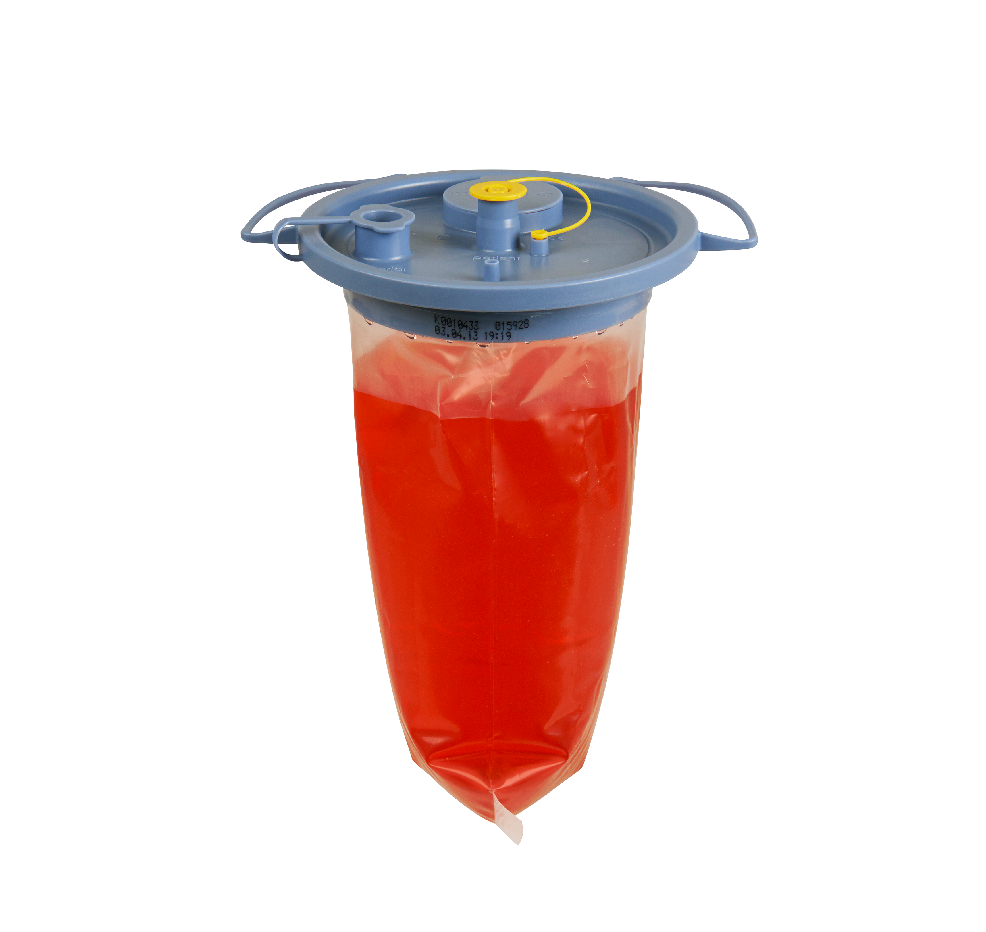 Una bolsa de aspiración llena de 1500 cc con tapa de recipiente para el sistema de recogida desechable (DCS).
