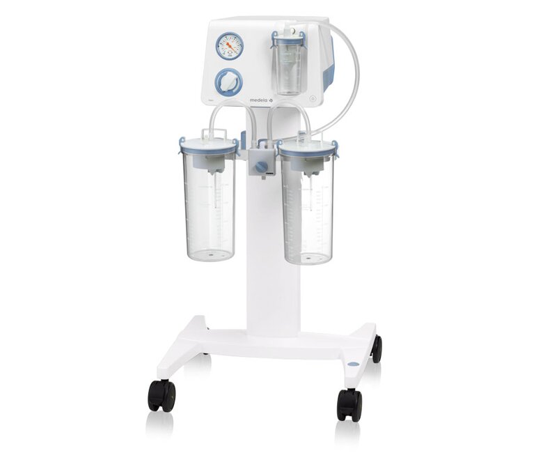 De Medela Basic chirurgische afzuigpomp, mobiele versie, op een mobiele trolley met herbruikbare potten van 2500 cc.