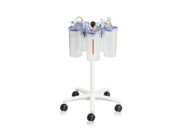 This Trolley is for use with Medela's fluid collection systems and can hold up to 5 suction jars (PSU or PC with disposable liners).