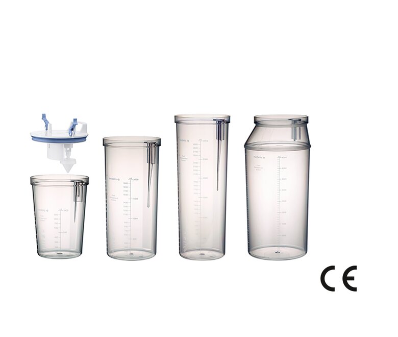 Vier unterschiedlich große Medela Reusable Collection (RCS) Saugdosen mit Deckel.