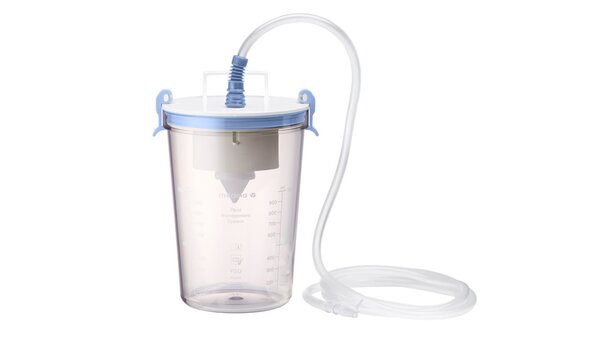 Ein wiederverwendbares Set von Medela, bestehend aus einer PSU-Saugschale, einem Kunststoffklammerhalter und einem Einwegschlauch, erhältlich in den Größen 1, 2, 3 und 5 Liter.