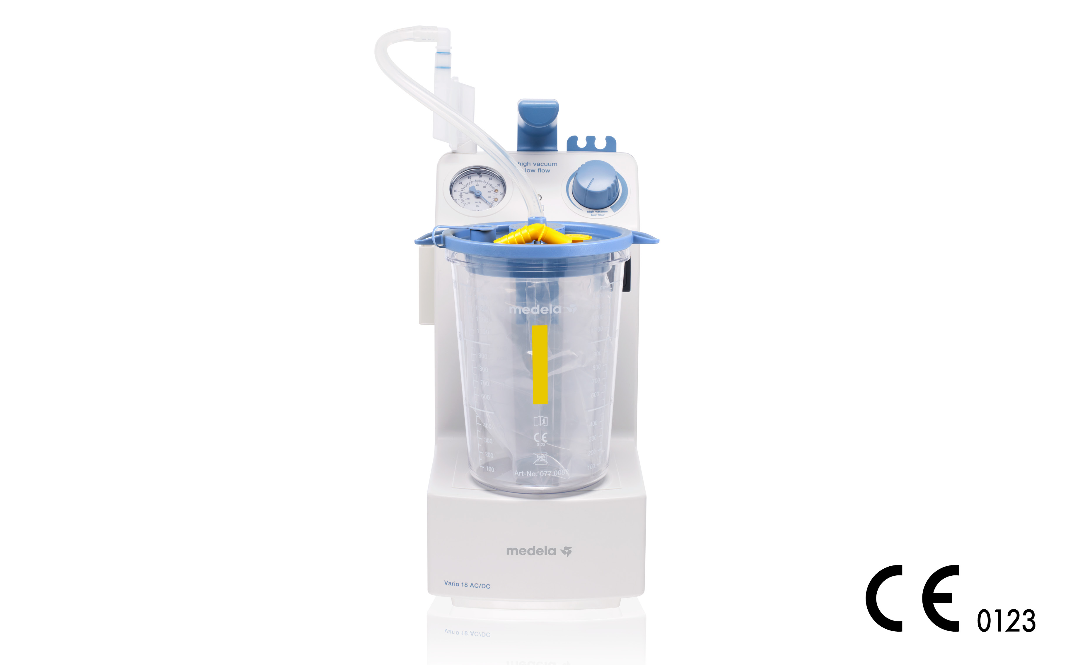 Eine Medela Vario 18 AC/DC-Saugpumpe mit einem 1,5-l-Einweg-Saugbehälter.