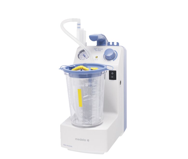 Eine Seitenansicht der Medela Vario 18 AC/DC-Saugpumpe mit einem 1,5 l Einweg-Saugbehälter.
