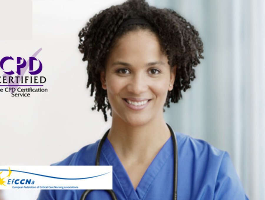 A female healthcare professional with two different logos. One for “CPD Certified”, The CPD Certification Service.  A second for “EfCCNa”, the European federation of Critical Care associations.
