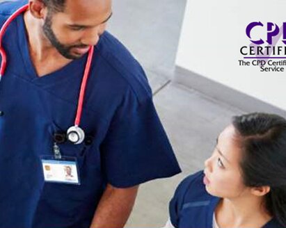Deux professionnels de la santé avec un texte sur la photo, « CPD Certified The CPD Certification Service ».