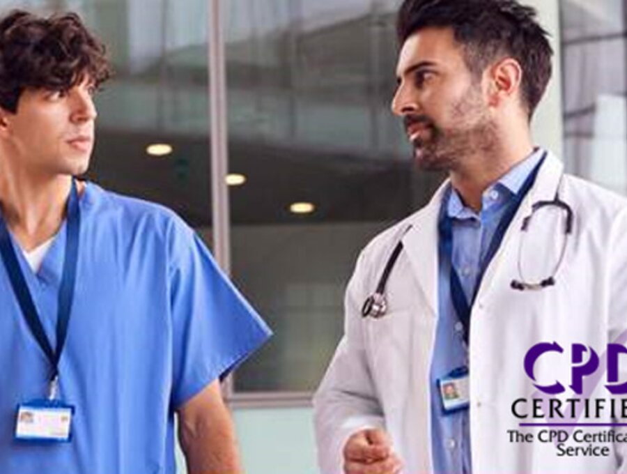 Zwei Fachleute aus dem Gesundheitswesen sprechen miteinander. Enthält den Text „CPD Certified“, The CPD Certification Service.