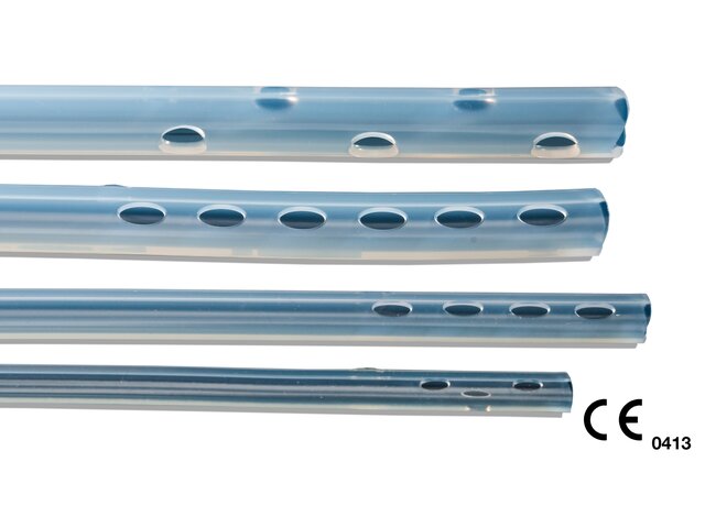 Four types of thoracic round silicone drains for use with the Medela Thopaz+.