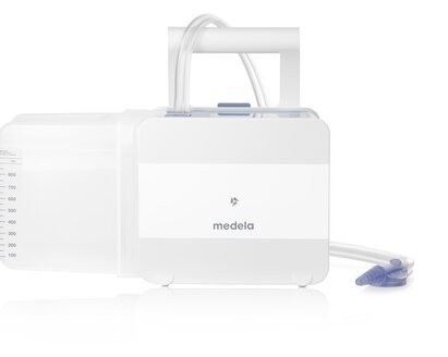 The Medela Thopaz+ digital chest drainage and monitoring system with disposable 800 ml canister and double lumen tubing.