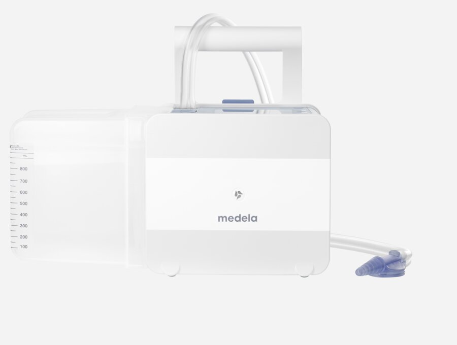 The Medela Thopaz+ digital chest drainage and monitoring system with disposable 800 ml canister and double lumen tubing.