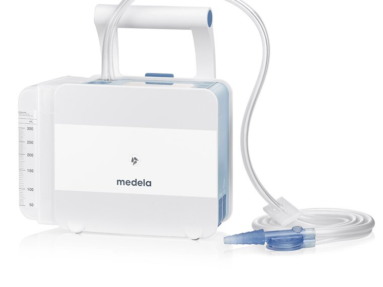 The Medela Thopaz+ digital chest drainage and monitoring system with disposable 300 ml canister and double lumen tubing.