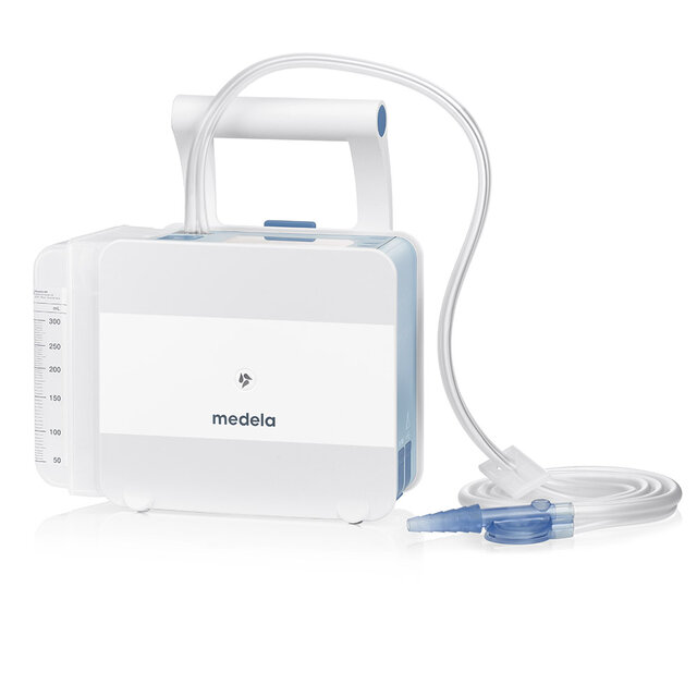 Das digitale Brustdrainage- und Überwachungssystem Medela Thopaz+ mit 300-ml-Einwegkanister und Doppellumenschlauch.