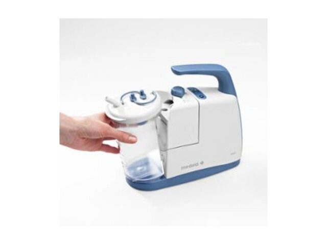 Side view of a person removing a canister from the Medela Clario airway suction pump.