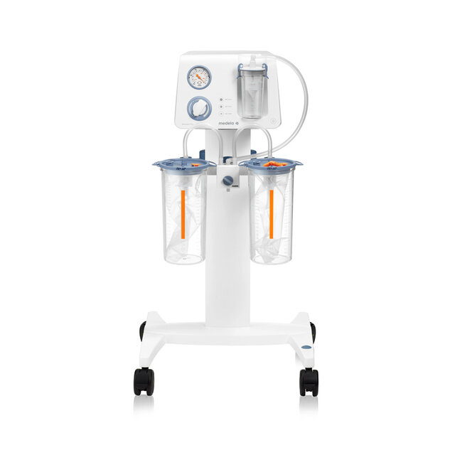 Uma bomba de sucção cirúrgica Medela Dominant Flex numa calha standard móvel com frascos descartáveis de 2500cc com revestimento.