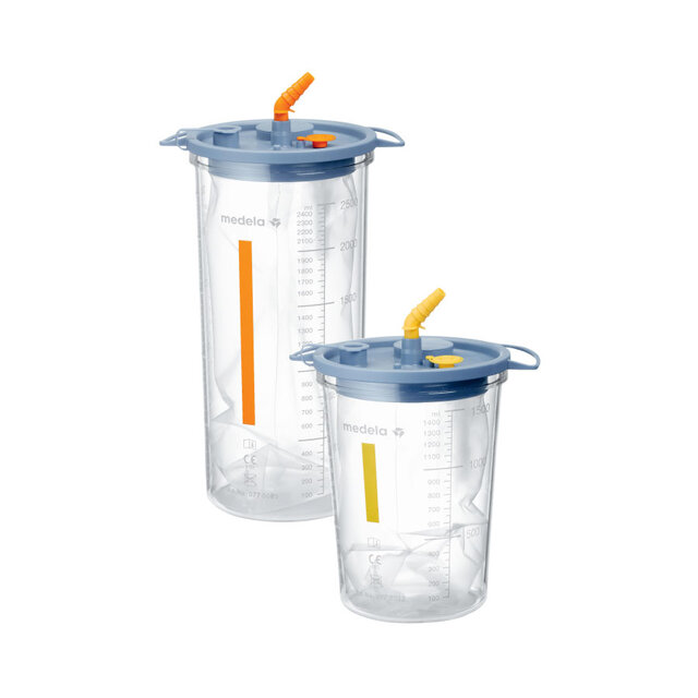 Los tarros de succión Medela Disposable Collection System (DCS), amarillo para 1500cc y naranja para 2500cc, para usar con extractores quirúrgicos.