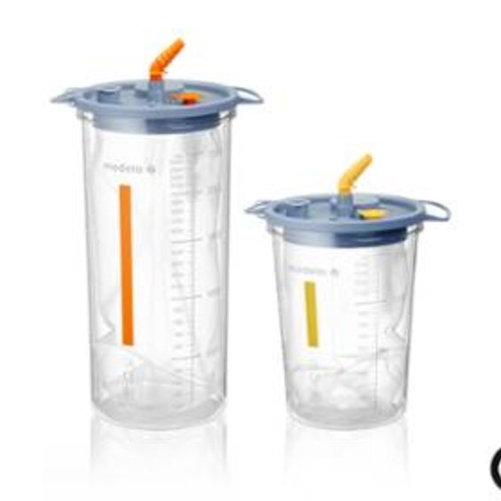 The Medela Disposable Collection System (DCS) suction jars, yellow for 1500cc and orange for 2500cc, for use with surgical pumps.