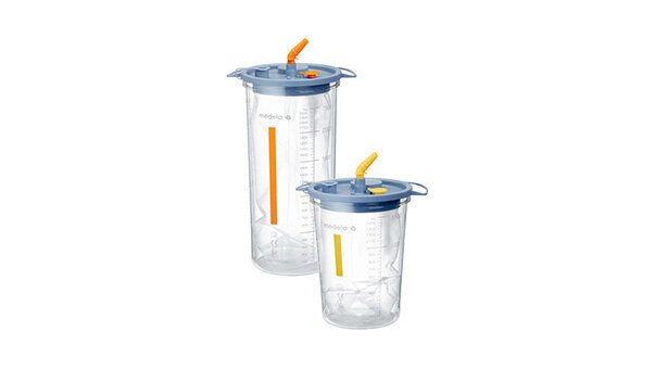 Die Medela Disposable Collection System (DCS) Saugdosen, gelb für 1500cc und orange für 2500cc, zur Verwendung mit chirurgischen Pumpen.