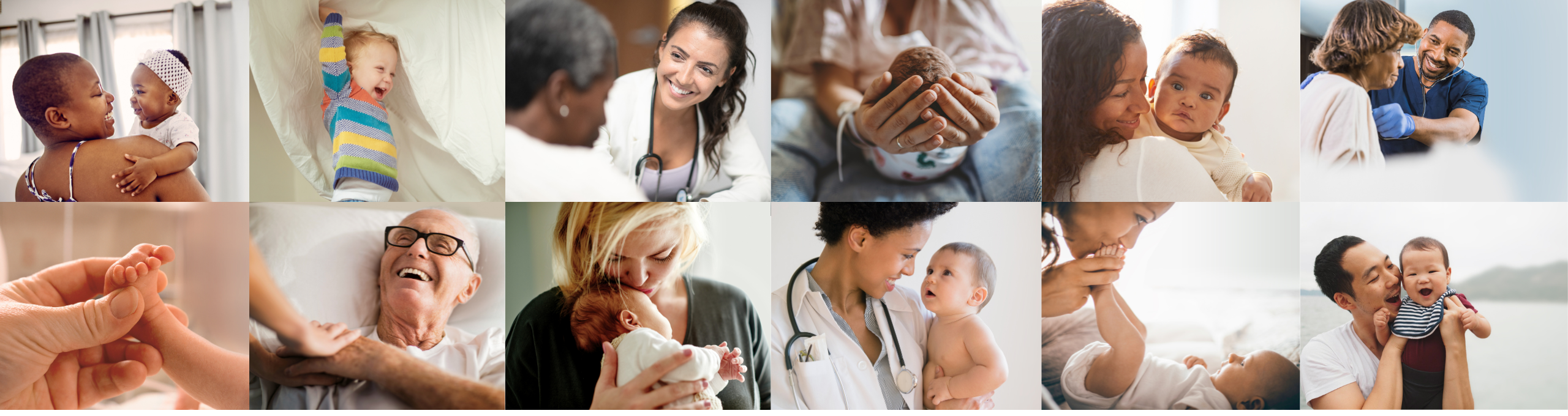 Collage d'images : femme tenant un bébé, bébé jouant, médecin parlant à une femme, mains tenant un nouveau-né, femme et bébé, infirmière et femme, main tenant le pied d'un bébé, personne âgée couchée dans un lit, femme tenant un nouveau-né, médecin tenant un bébé, femme embrassant les pieds d'un bébé, homme tenant un bébé.