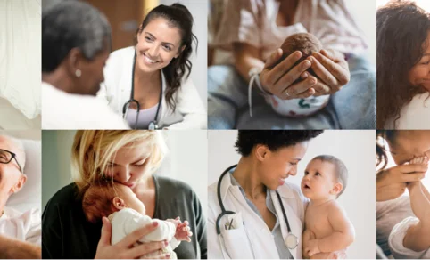 Collage di immagini: donna che tiene in braccio il bambino, bambino che gioca, dottore che parla con la donna, mani che tengono un neonato, donna e bambino, infermiera e donna, mano che tiene il piede del bambino, persona anziana sdraiata a letto, donna che tiene in braccio il neonato, dottore che tiene in braccio il bambino, donna che bacia i piedi del bambino, uomo che tiene in braccio il bambino.