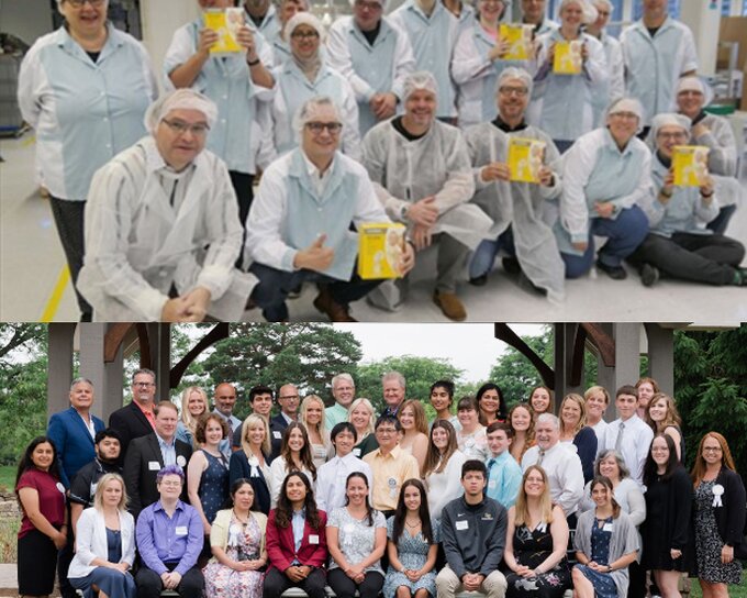 Two photos stacked. Top shows Medela factory workers holding new products.  Lower photo shows Medela colleagues with employment service awards.