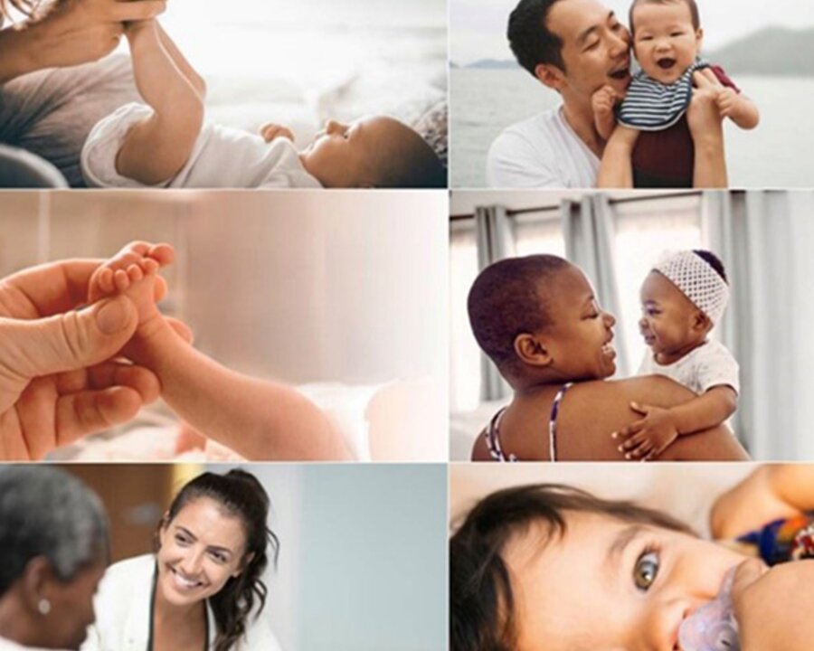 A photo collage of parents, babies and healthcare providers spending time together.